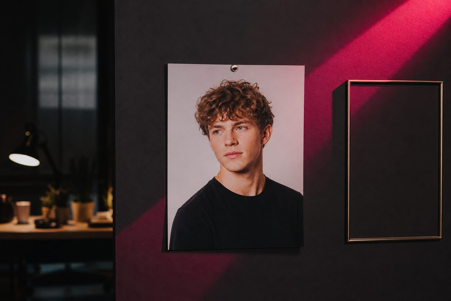 A single senior portrait pinned to a dark studio wall beside an empty frame under magenta light.