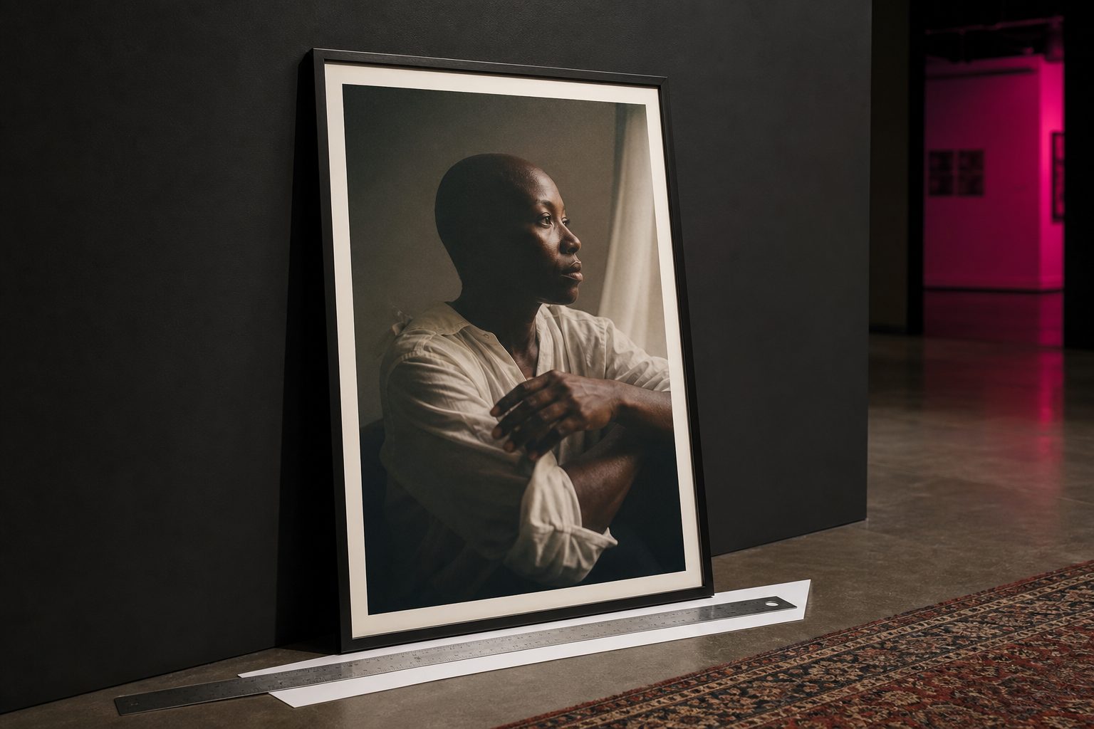 Large framed portrait leaning on a dark gallery wall with a steel ruler laid across one corner.