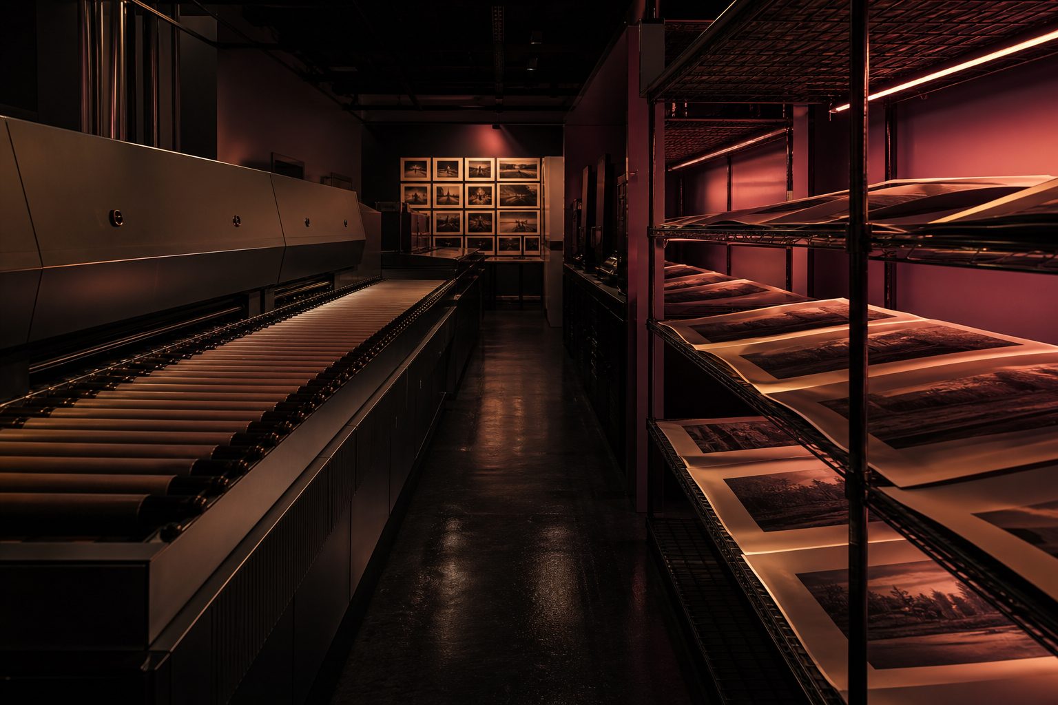 Photo lab aisle at night with a roller transport printer and racks of prints drying under safelight.