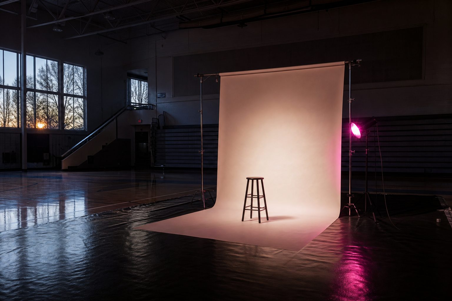 Empty school gym set up as a portrait line at dawn with backdrop stand, stool and seamless roll.