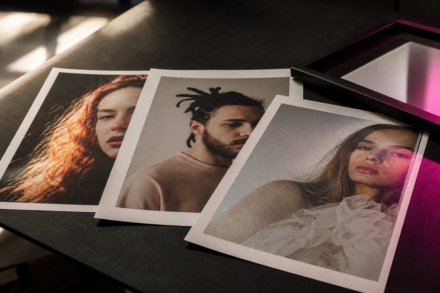 Three portrait prints on lustre, matte and metallic paper fanned across a near black studio table.