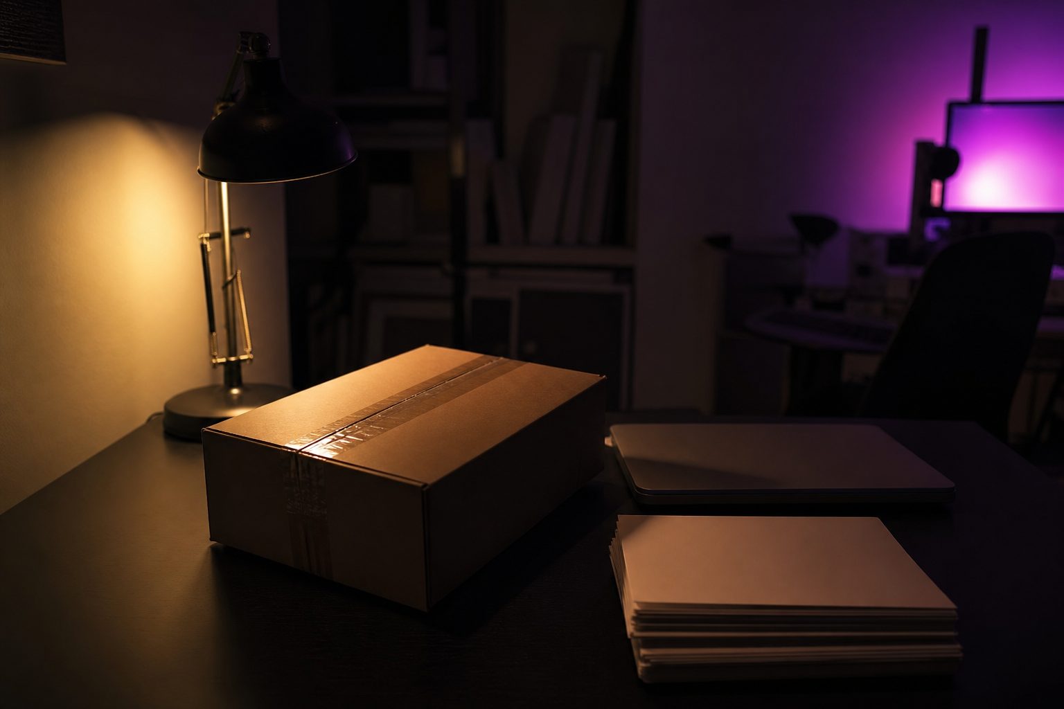 Night studio office with a shipping box of prints, a laptop and paperwork on a near black desk.