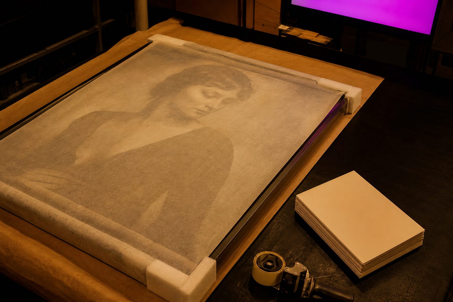 A large framed portrait wrapped in tissue on a packing bench with foam corners and a tape gun.