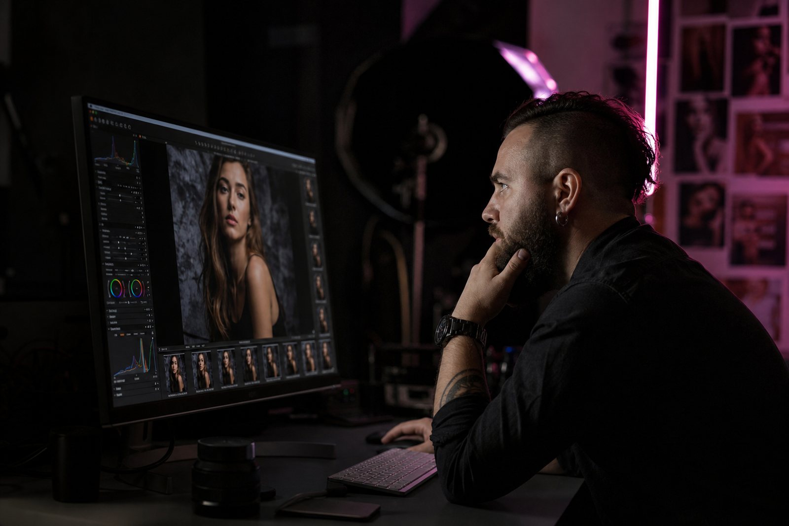Portrait photographer reviewing a session on a calibrated monitor in a dim studio editing suite