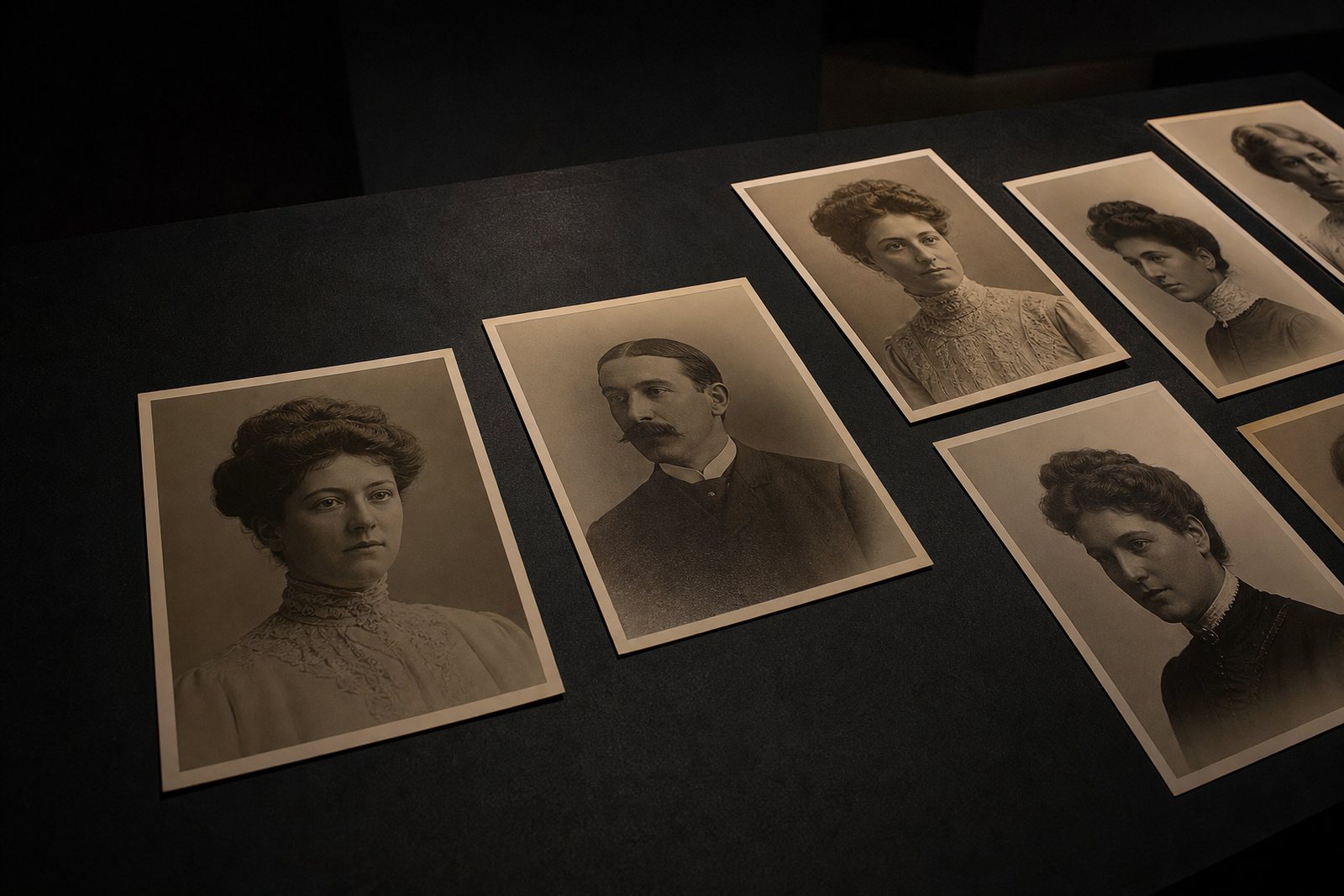 Printed portrait photographs laid out on a dark textured table under soft directional light